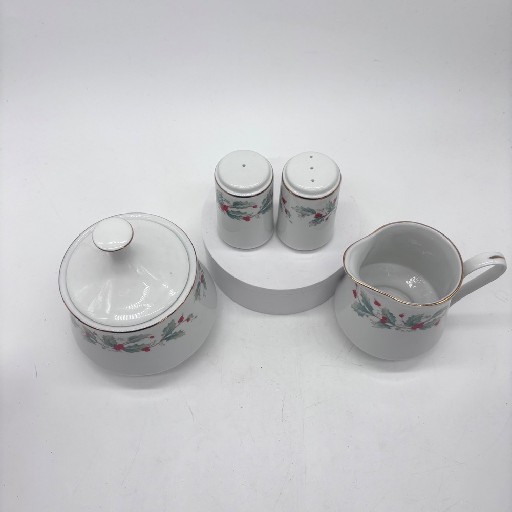 China Pearl Holly Berry Christmas Creamer Sugar Salt Pepper Set White Holiday - Picture 2 of 9